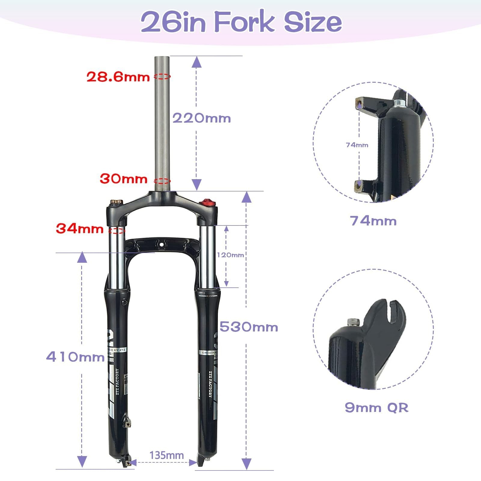 ZTZ 26 x 4.0 inch Fat Tyre MTB Suspension Fork – 100 mm Travel, 135 mm Spacin…