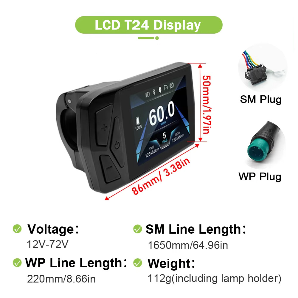 Ebike T24 Color LCD Display 36V 48V 52V 60V 72V UART No. 2 Protocol SM Plug
