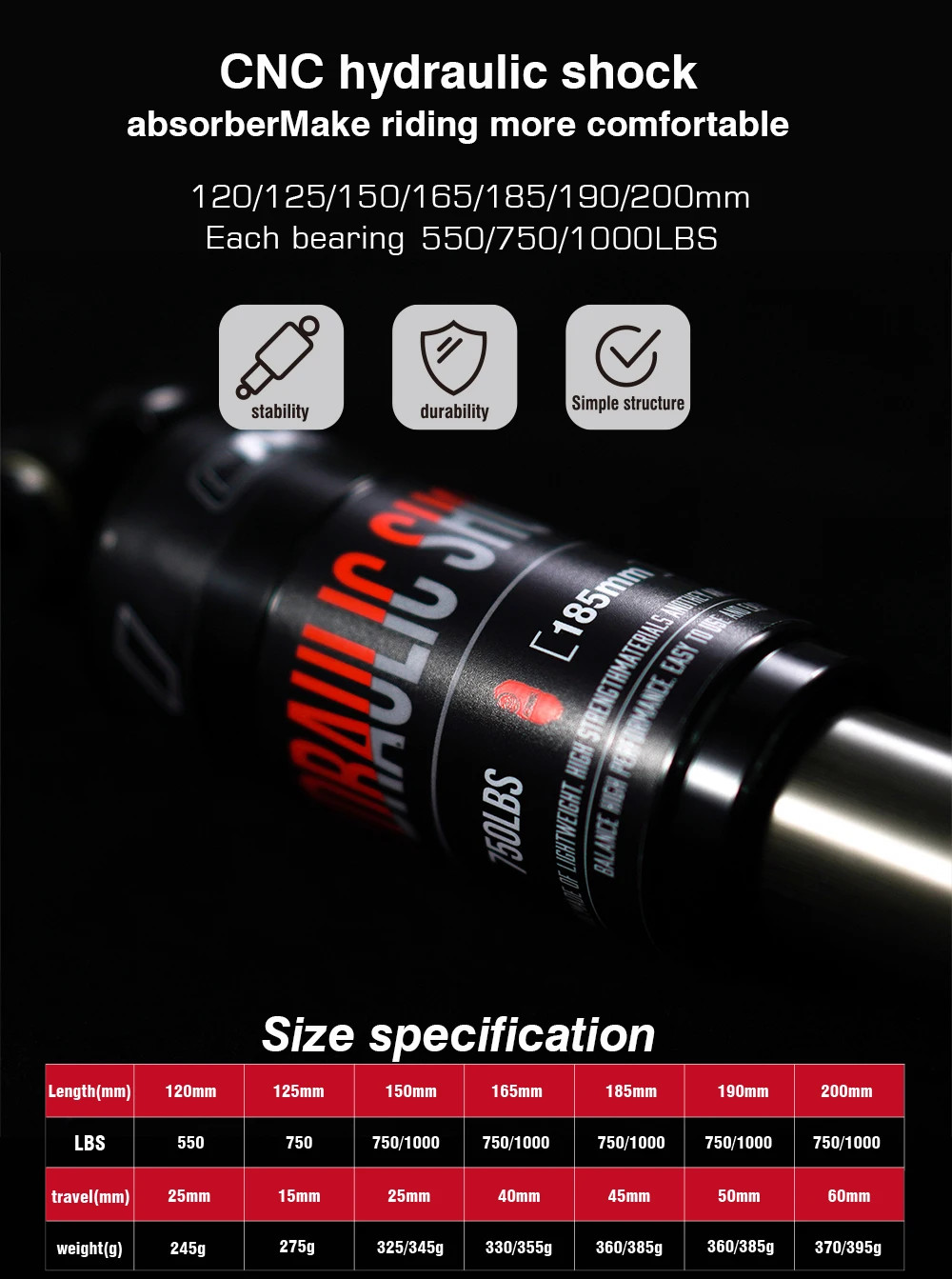 120/125/150/165/190/200mm Mountain Cycling Hydraulic Frame Air Shock Absorbers