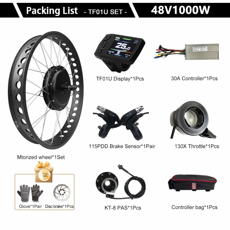 20/24/26inch 48V 1000W Snow E-bike Conversion Kit Gearless Front Wheel Motor