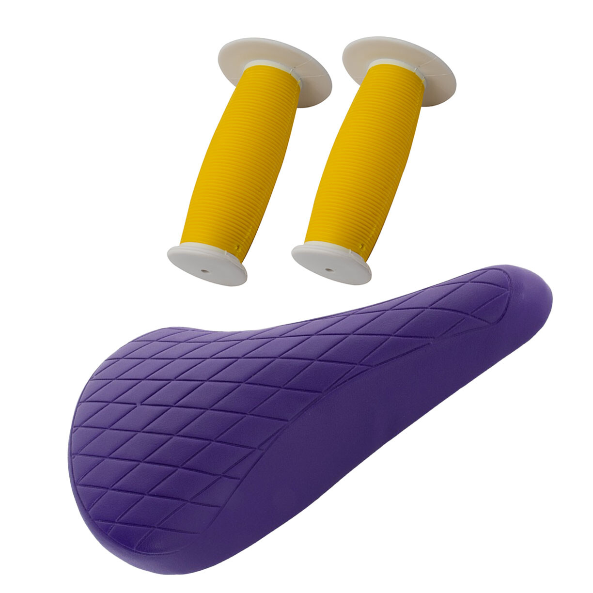 PRO+ Purple Diamond Saddle & Yellow/White Mushroom Grips BMX BIKE