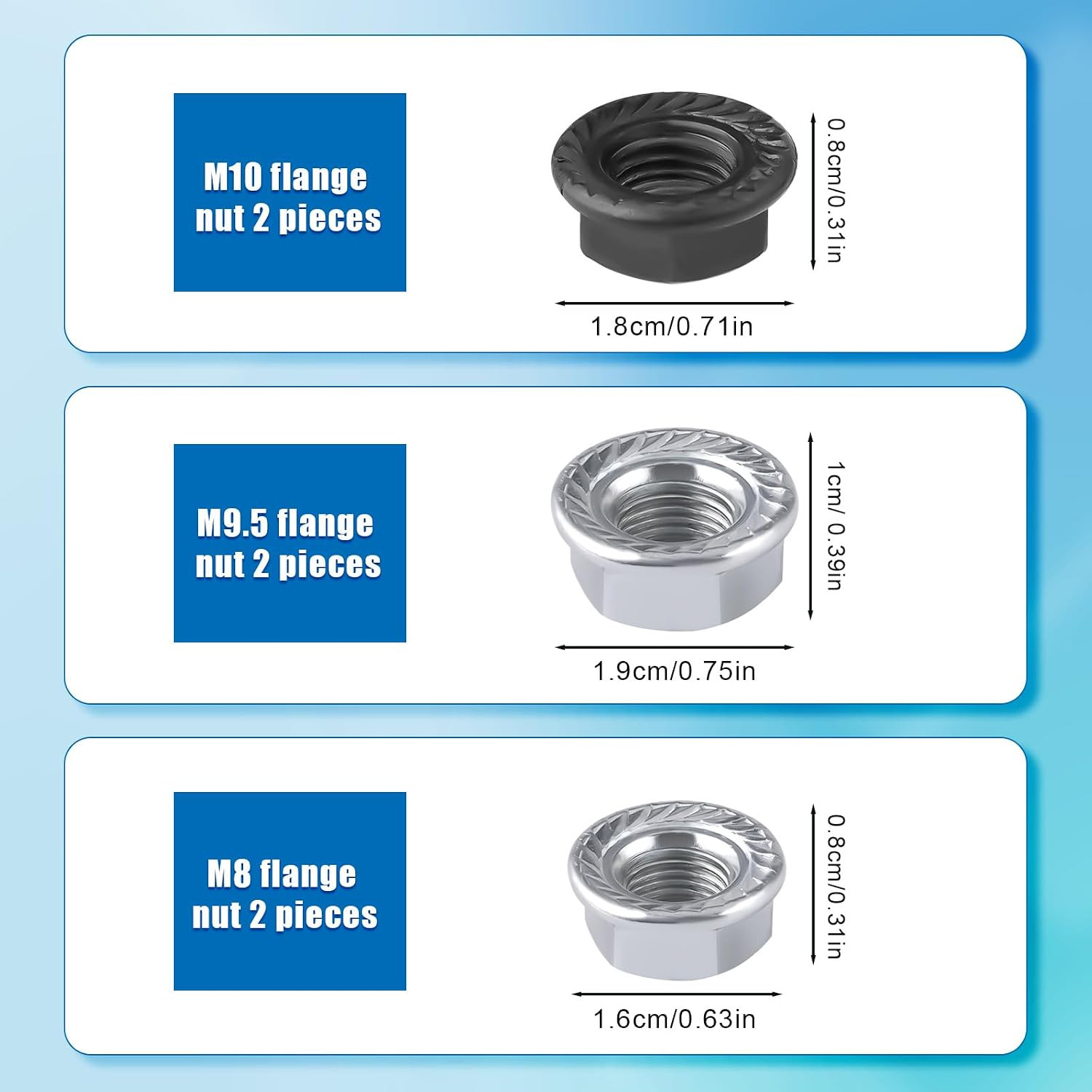 6Pcs Bike Wheel Axle Nut, M8 M9.5 M10 Bicycle Hub Flanged Axle Nut