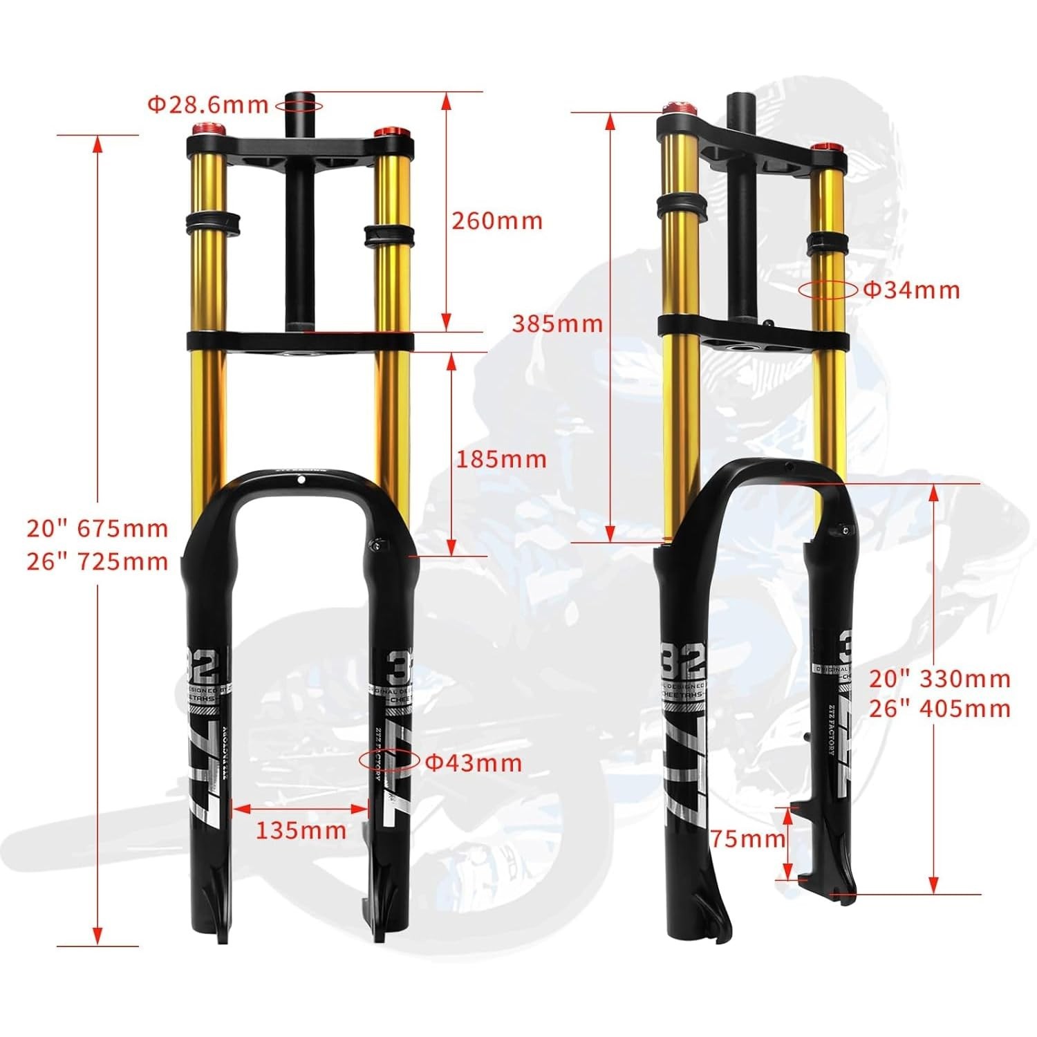 ZTZ 20/26 inch 4.0 Fat Tire Bike Air Suspension Fork – 180mm Travel, 135mm Hu…