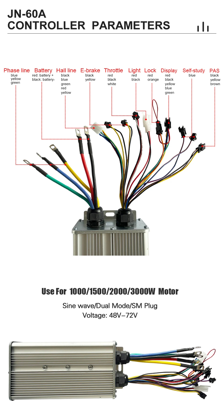 60A Sine Wave Controller 48V 52V 60V 72V with Lock Light Ebike Conversion Kit