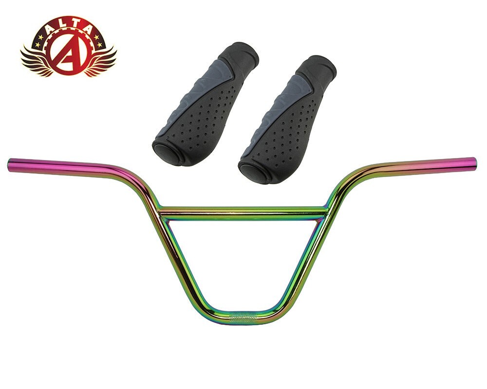 ALTA BMX CHROMOLY Z-Bar Handlebar OIL SLICK W/ 135mm SPORTY ERGONOMIC GRIPS.