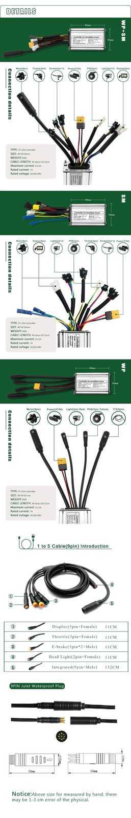 36V 48V 250W 350W 15A KT E-bike Controller Brushless Waterproof LCD Display
