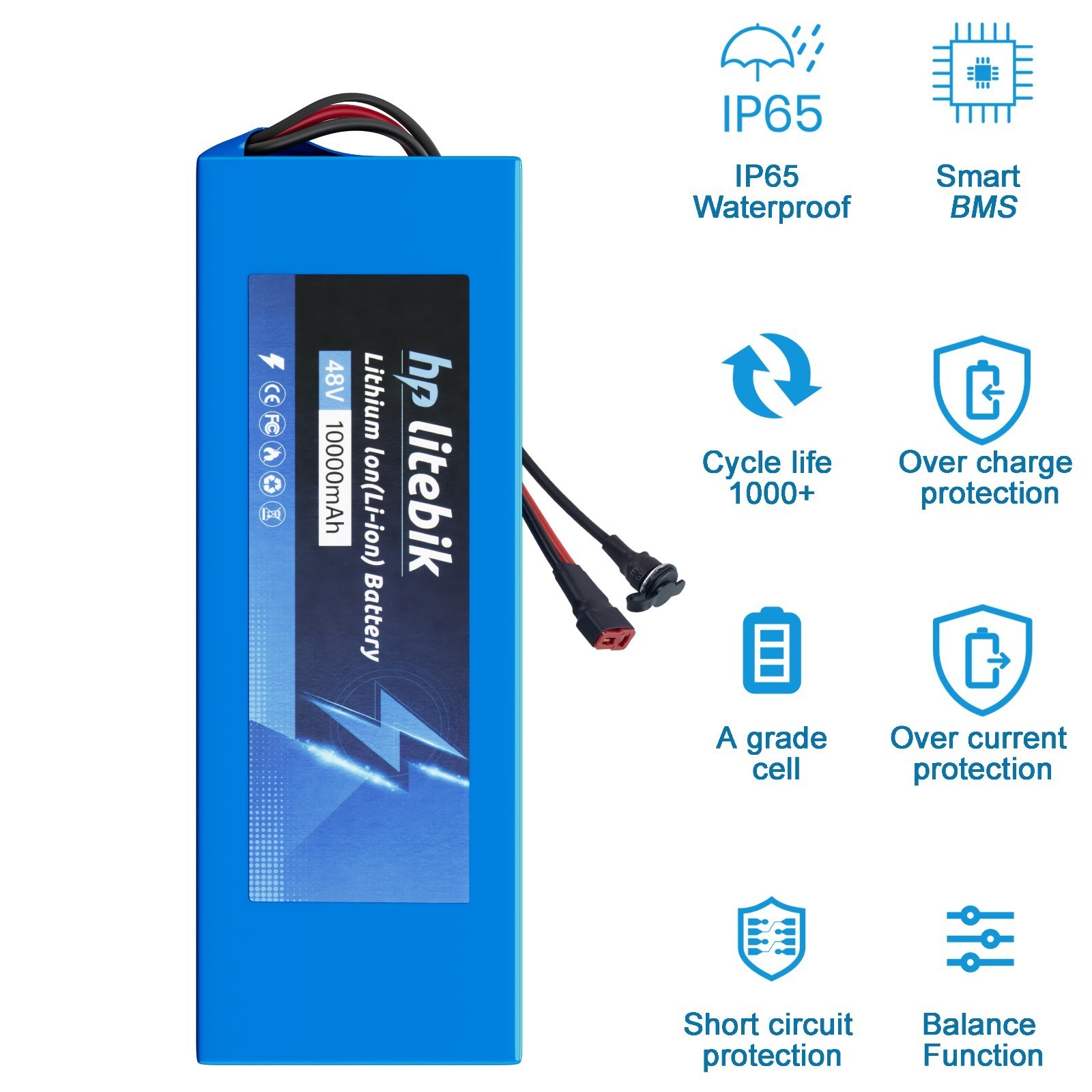 48V 10Ah Bike Lithium Battery w/ XT60 Plug 30A BMS Electric Bicycle 750W Motors