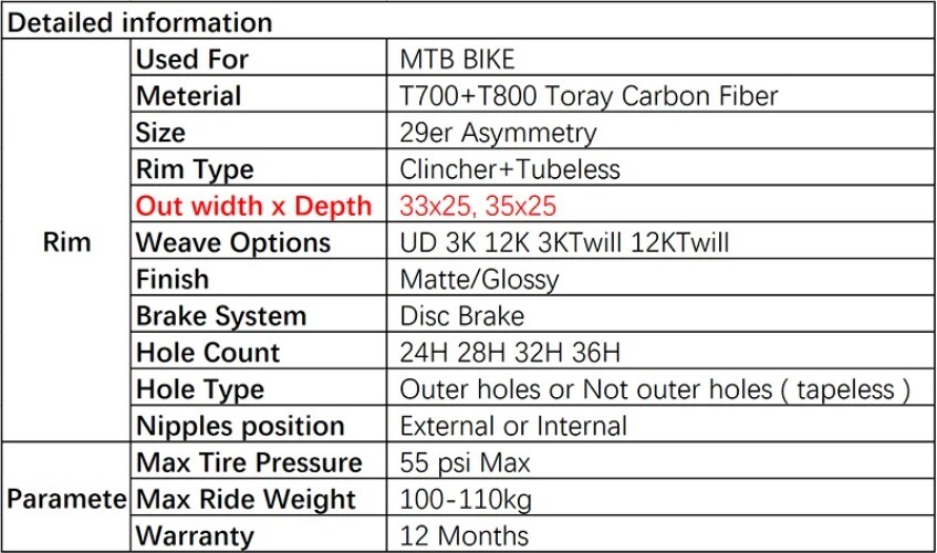 Carbon MTB XC AM Bicycle Rim 29er Asymmetry 25mm Deep Hookless UD Matte Glossy