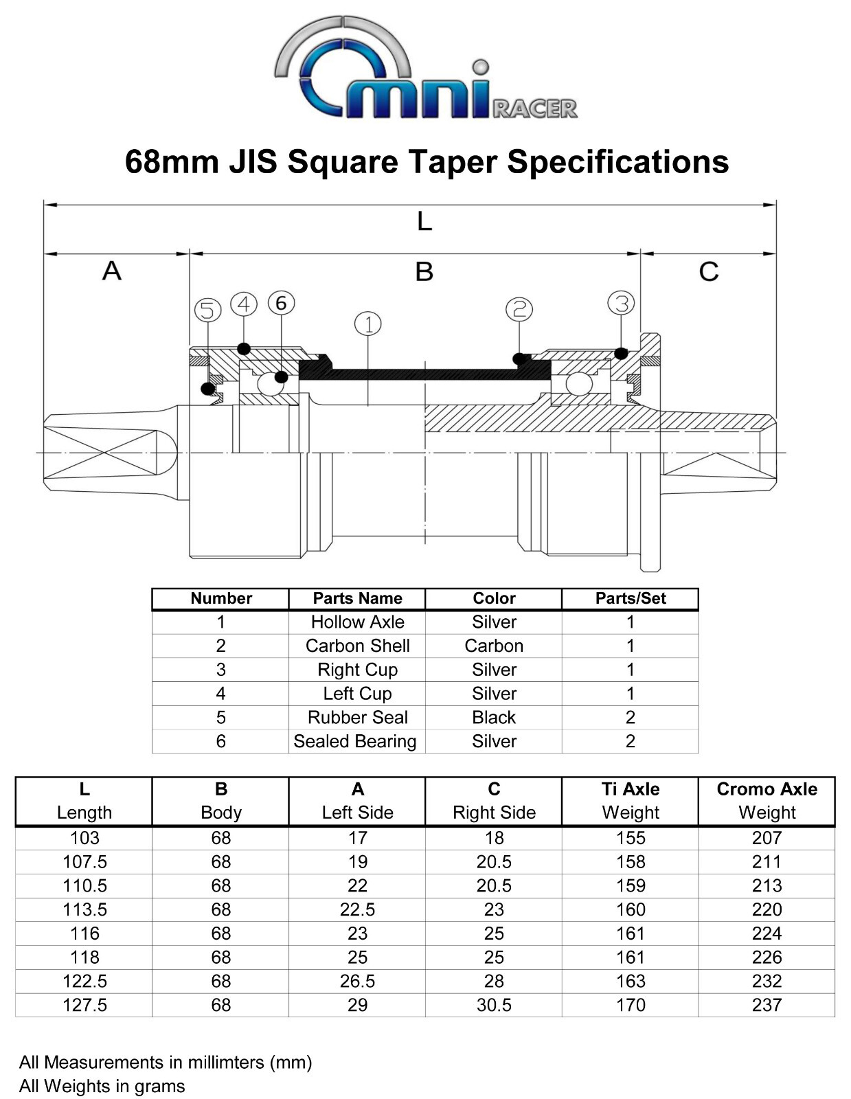 OMNI Racer Titanium Ti Ceramic JIS Square Taper Bottom Bracket: 68x107mm ENGLISH