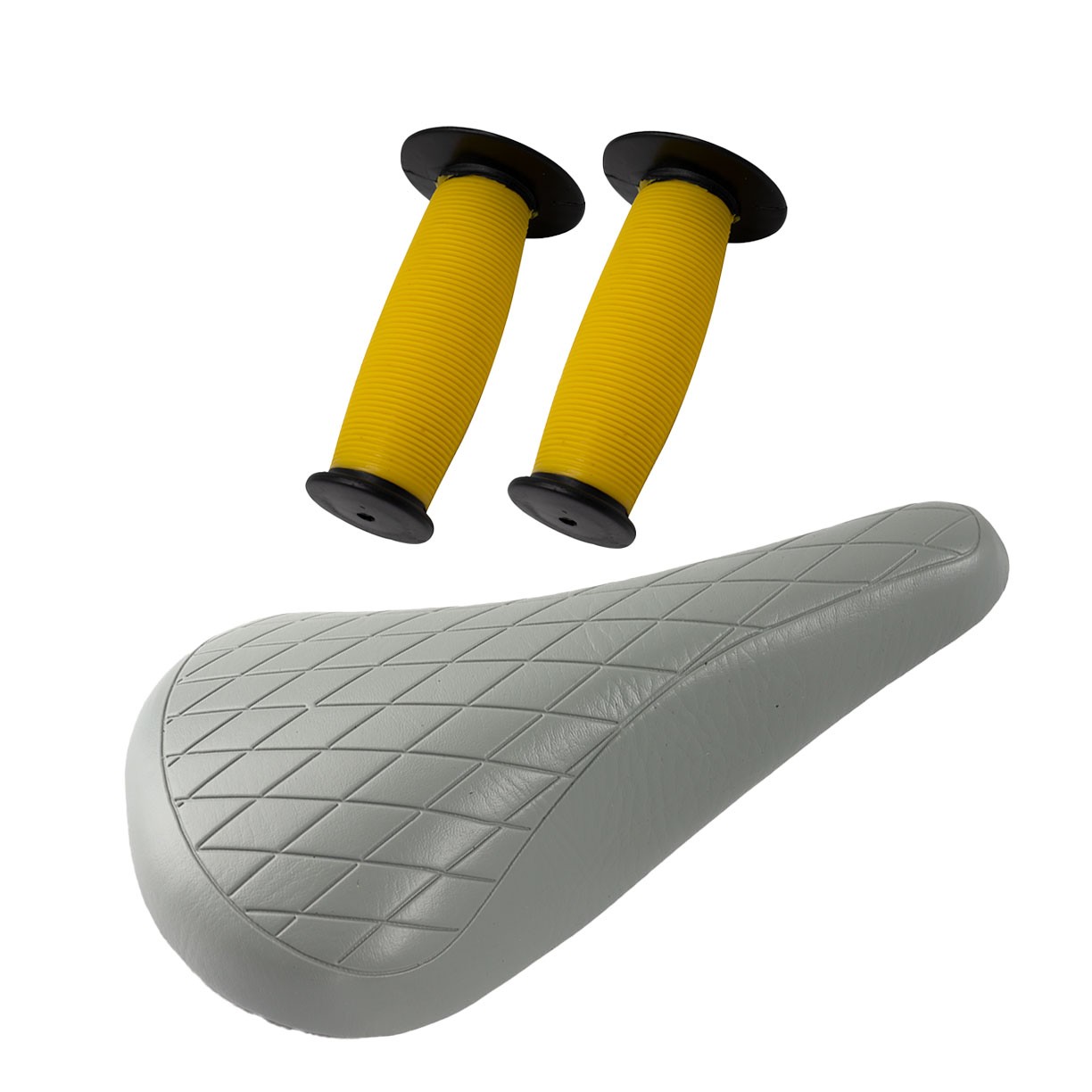PRO+ Gray Diamond Saddle & Yellow/Black Mushroom Grips BMX BIKE