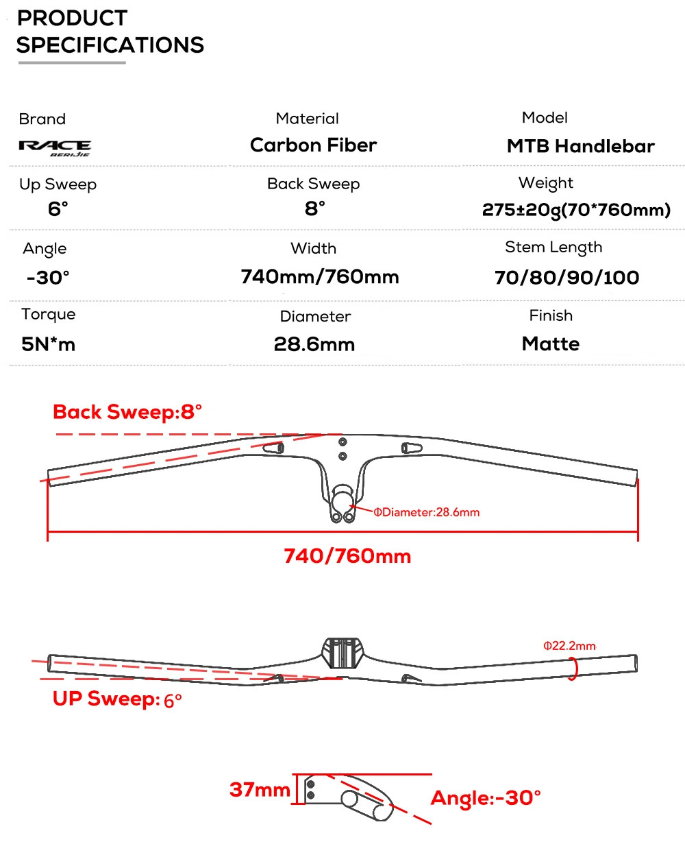 Full Carbon Fiber Mountain Bike Integrated Cockpit -30 Degree Internal Cable