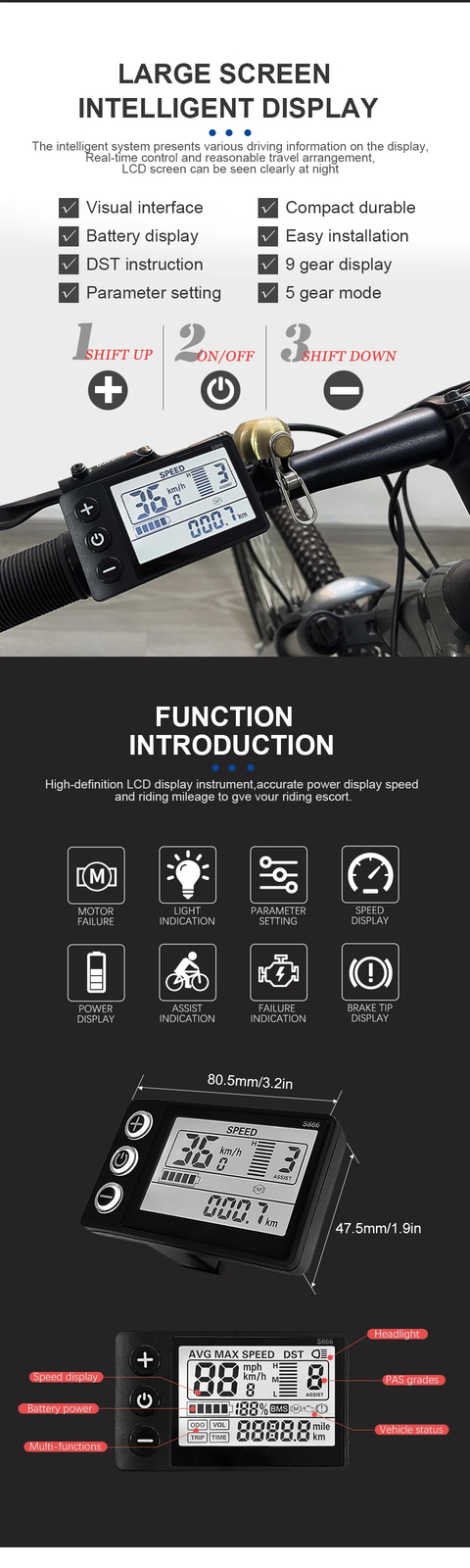 Electric Bike Sinawave Controller 36V/48V 17A 26A 30A 40A with LCD DIsplay S866