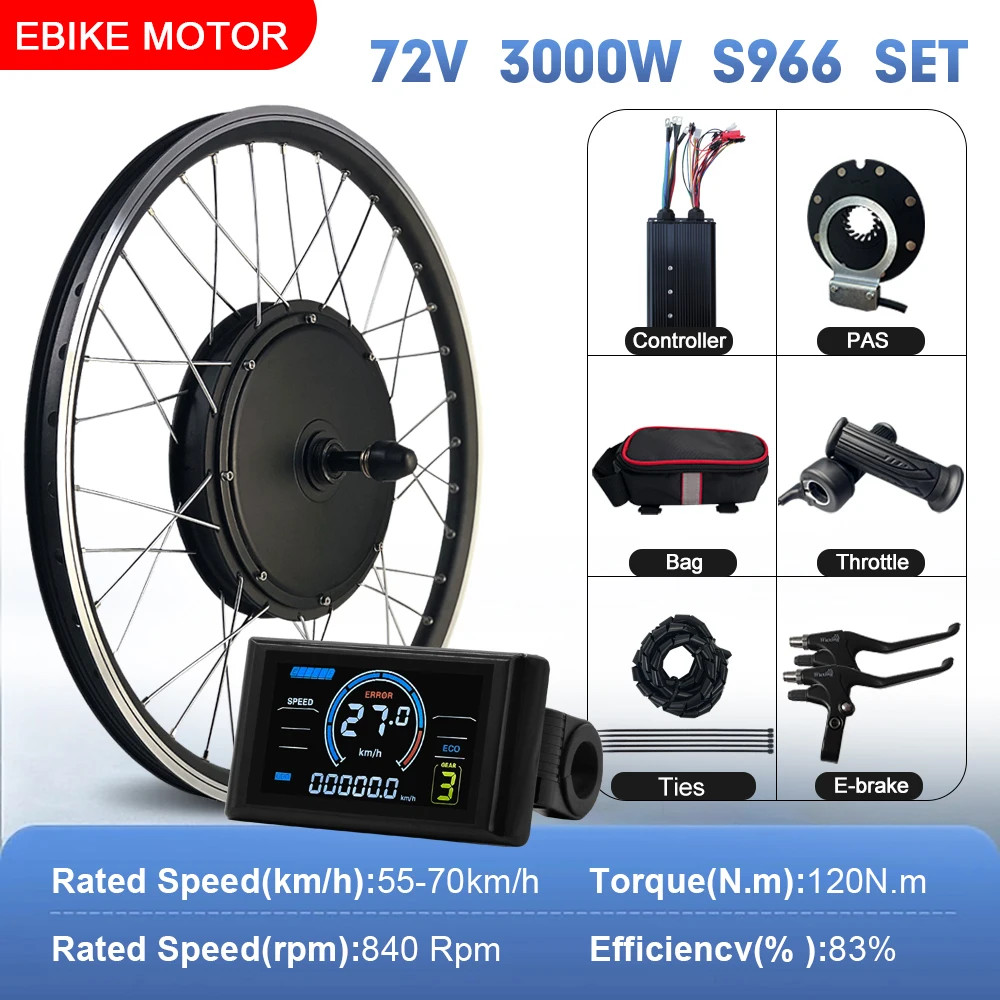 E-bike Conversion Kit 72V 3000W Brushless Rear Wheel Hub Motor Dropout 135mm