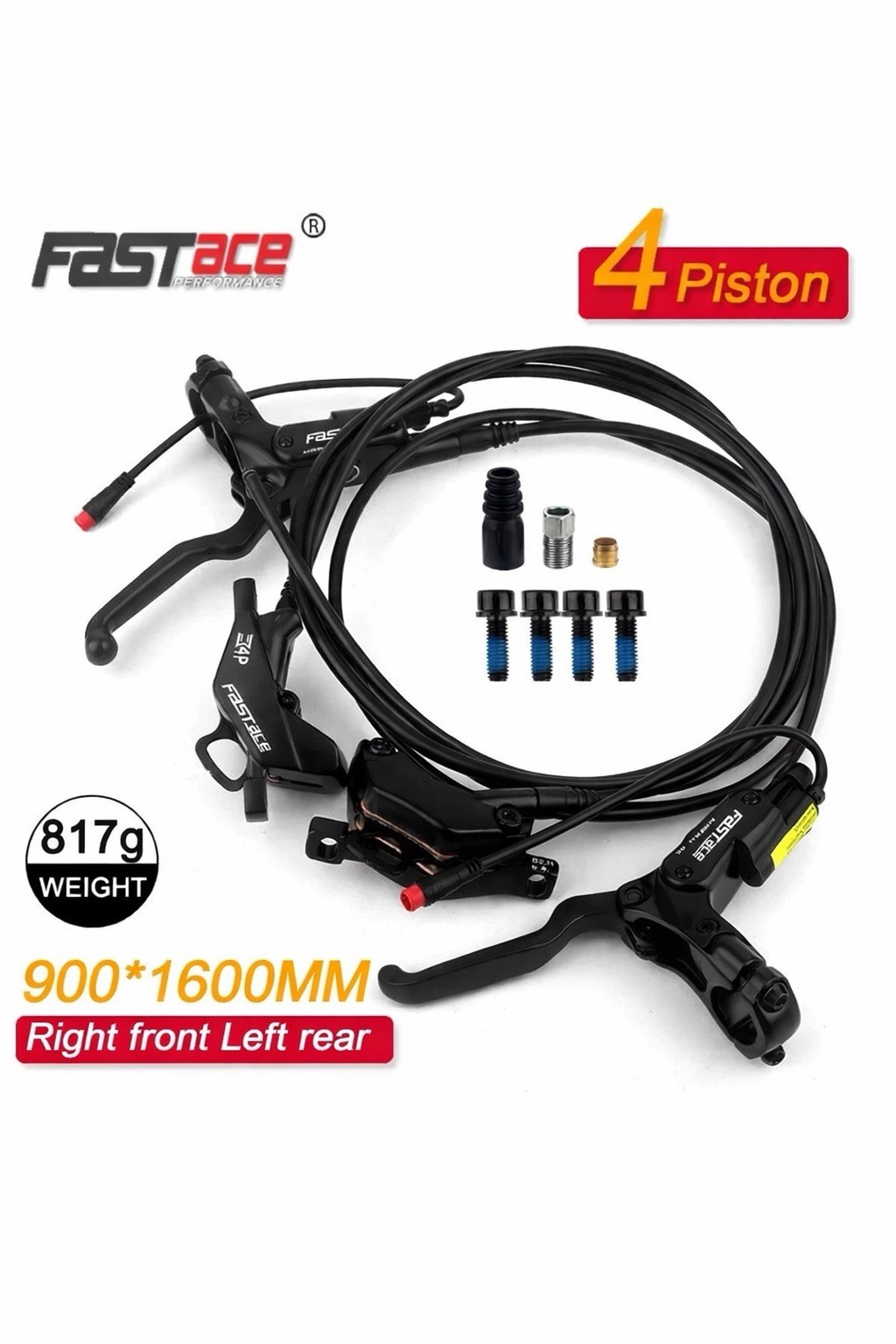 4-Piston Hydraulic Disc Brake Set for E-Bike MTB, 900mm Front 1600mm Rear