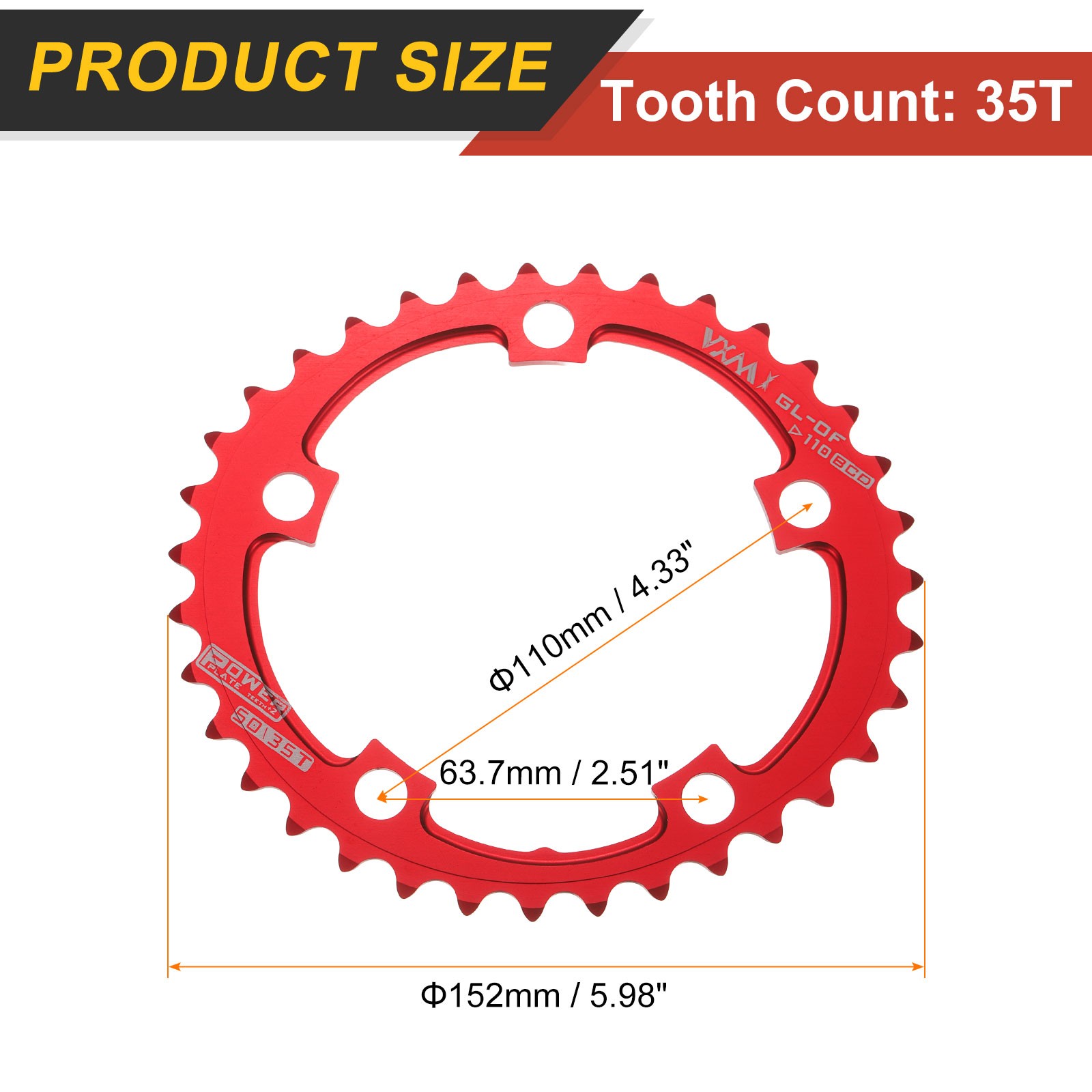 110BCD Bike Chainring, 35T 152mm Dia Round Aluminum Narrow Wide Tooth Red
