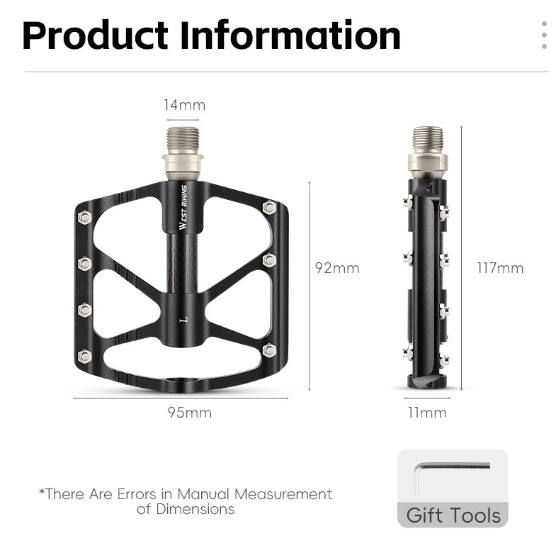 WEST BIKING Bicycle Pedals Carbon Fiber Axle Bike Pedals 3 Bearing 9/16 in Black