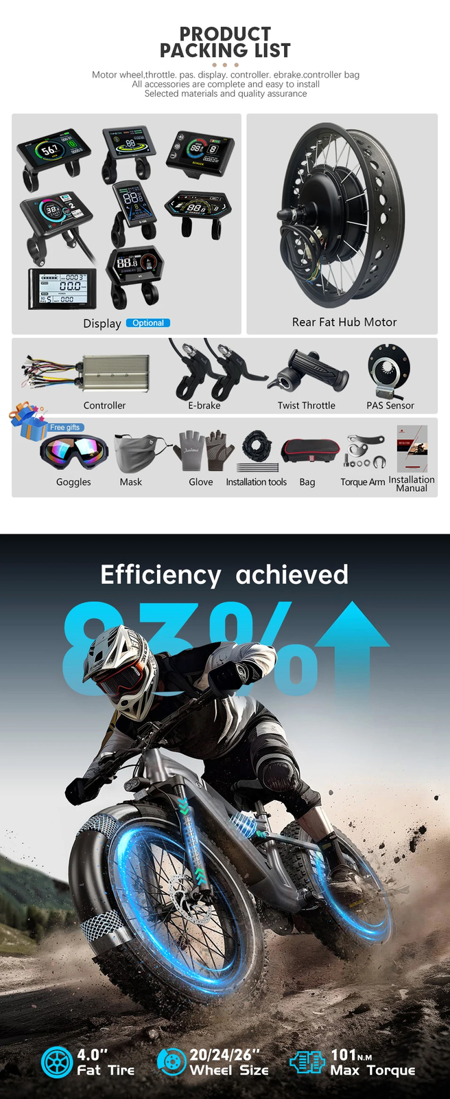 72V 3000W 20 24 26×4.0» Snow Ebike Fat Tire Rear Rotate Hub Motor Dropout 170mm