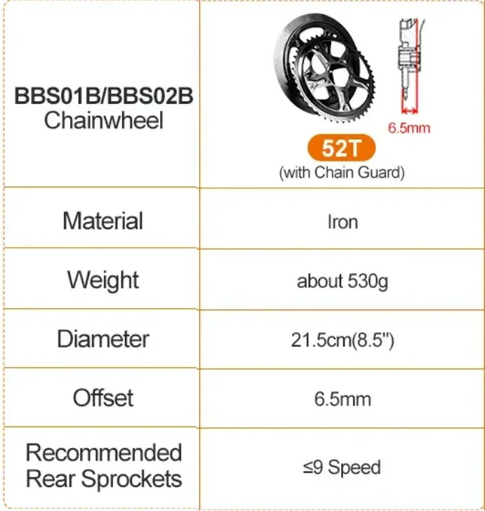 Chainring Sprocket Chainwheel 52T for Bafang BBS01B BBS02B 250-750W Mid Motor