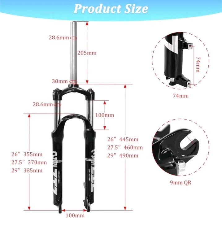 29″ MTB Suspension Fork 100mm Travel & Spacing 9mm QR Hub 28.6mm Straight Tube