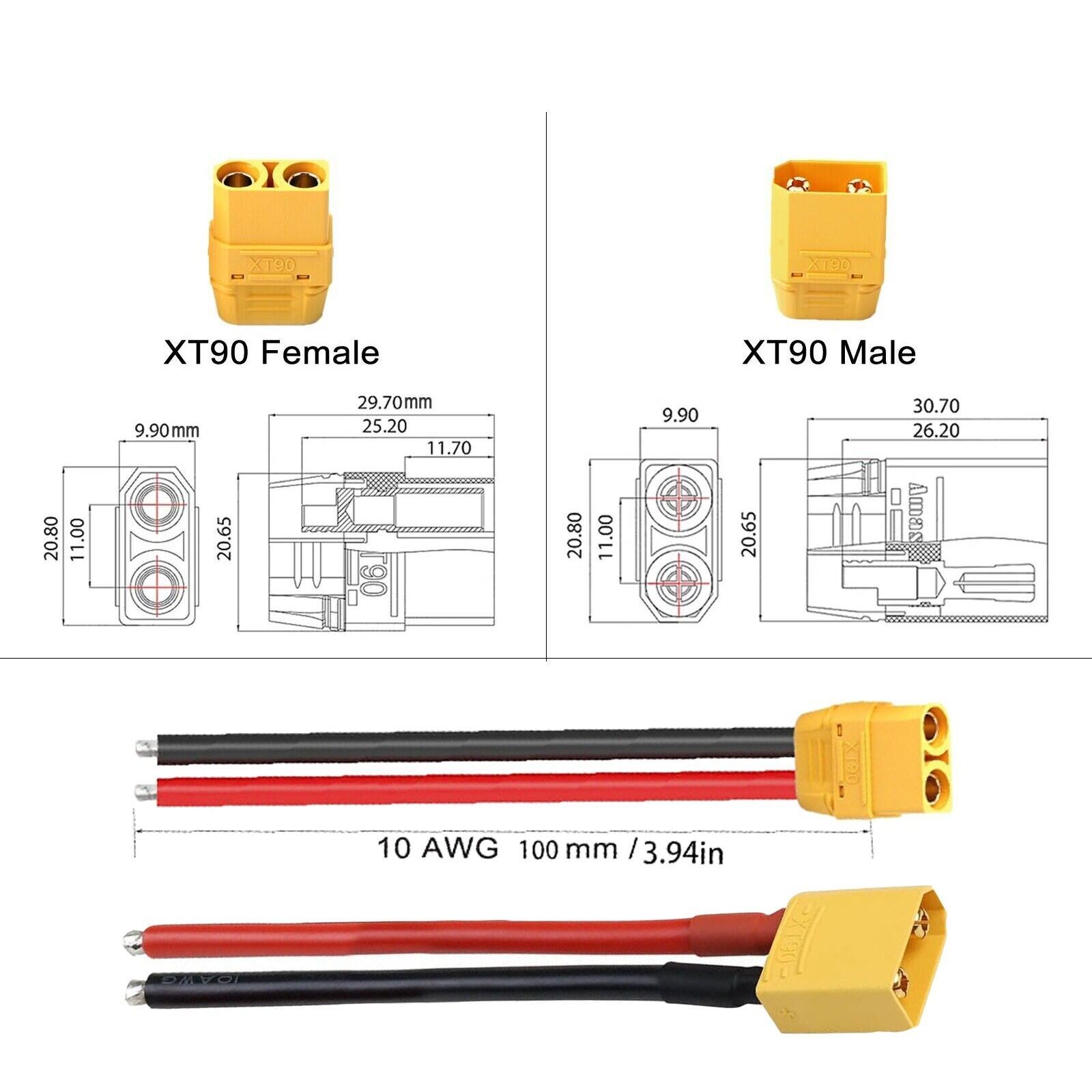 1 Pair 10AWG XT90 Pigtails Cable Male Female Connector for Ebike Li-Ion Battery