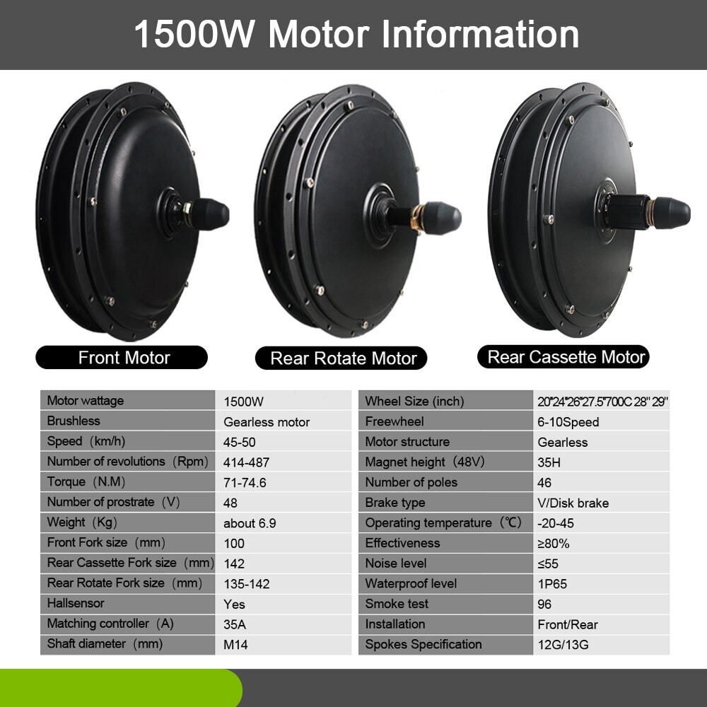 48V 1000W 1500W 2000W Ebike Gearless Front Rear Rotate Cassette Drive Hub Motor