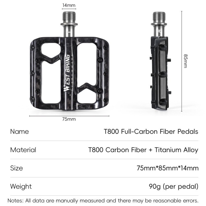 West Biking 3 Bearings Carbon Fibre Titanium Axle Bicycle Pedals Black 180g