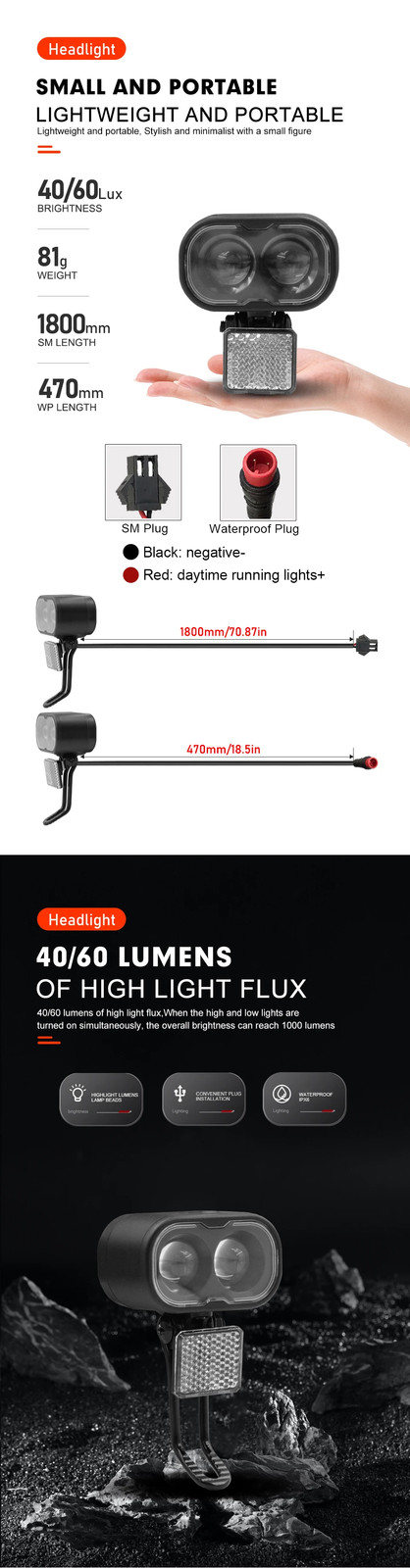 E-bike Front Light 12V/24V/36V/48V SM/Waterproof Plug for Electric Scooter Parts