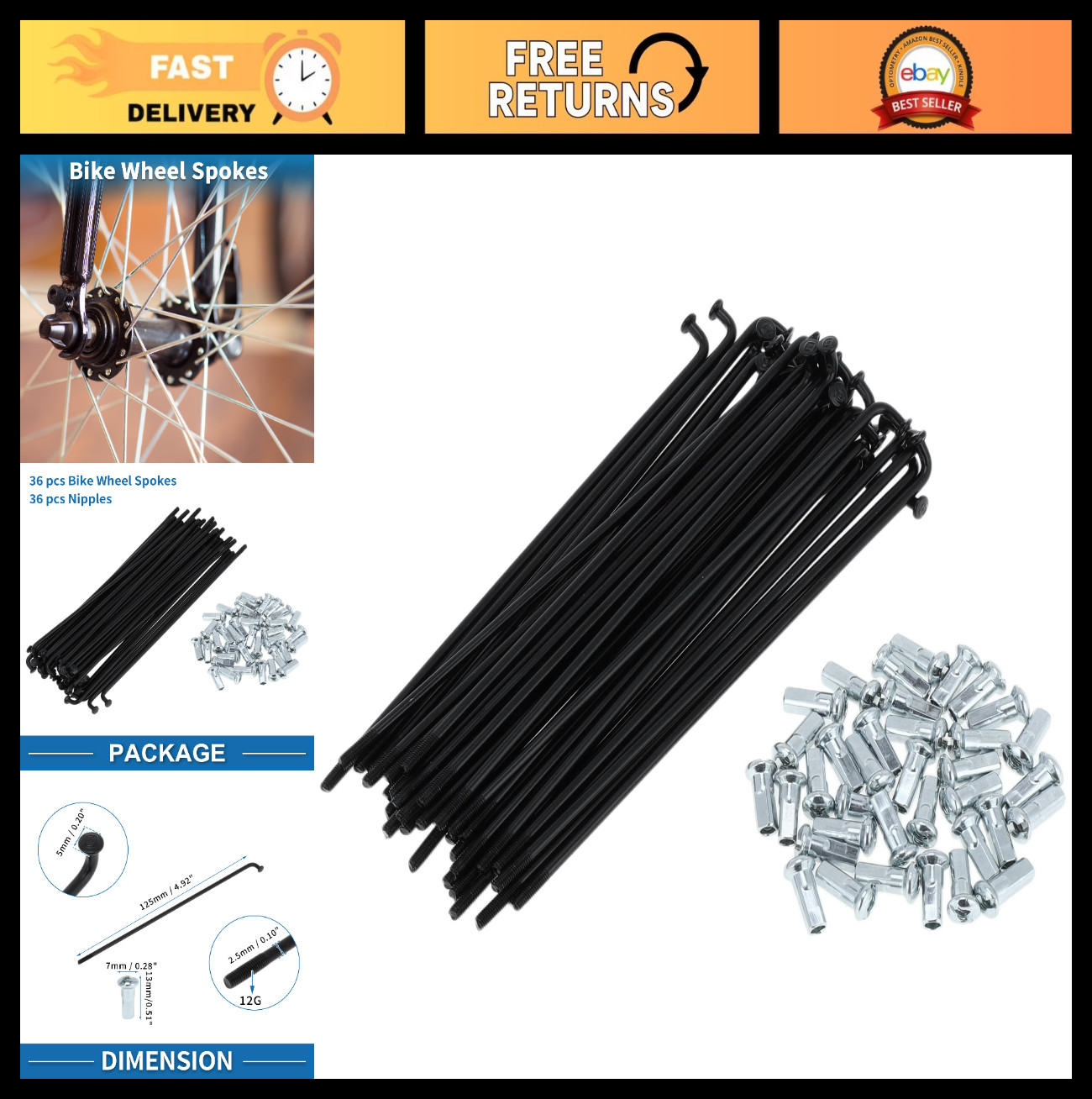 High-Strength 12G Bicycle Spokes 125mm Carbon Steel Black – 1 Set for Bike Wheel