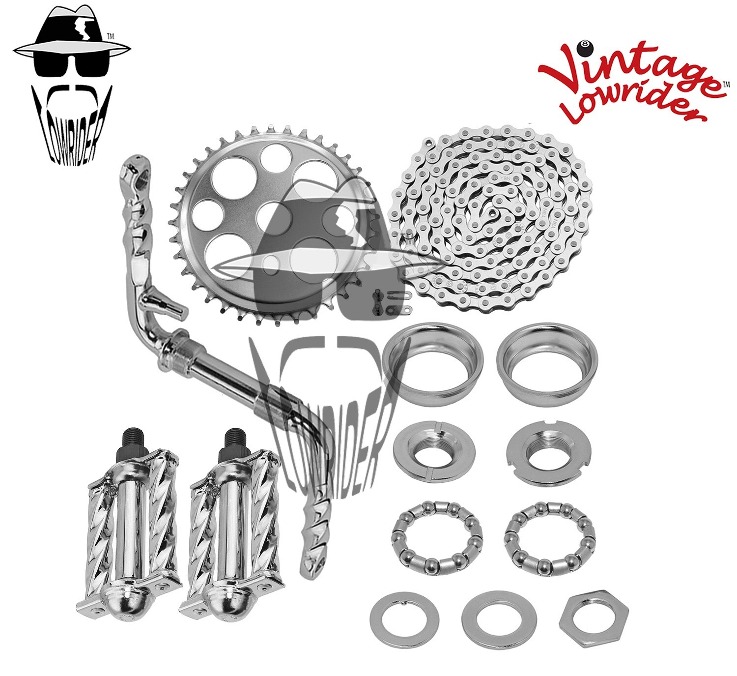 VINTAGE LOWRIDER – Twisted CRANK PKG – Lucky 7 Square Twisted Pedal Chrome.