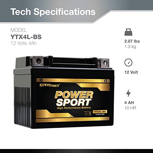 – AGM Motorcycle Battery 12V 4Ah for 50cc Scooter SA50 Elite LX, YTX4L-BS
