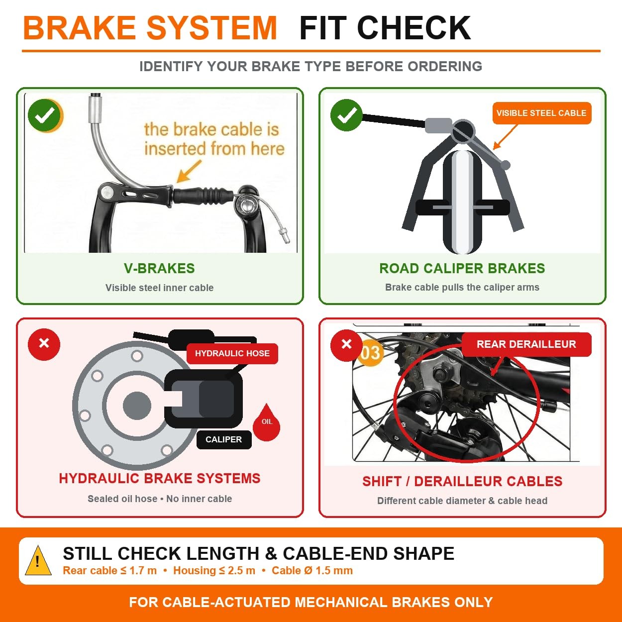 Bike Brake Cable Kit, Dual-Ended Bicy cle Cables with 2.5 0.06″W, black