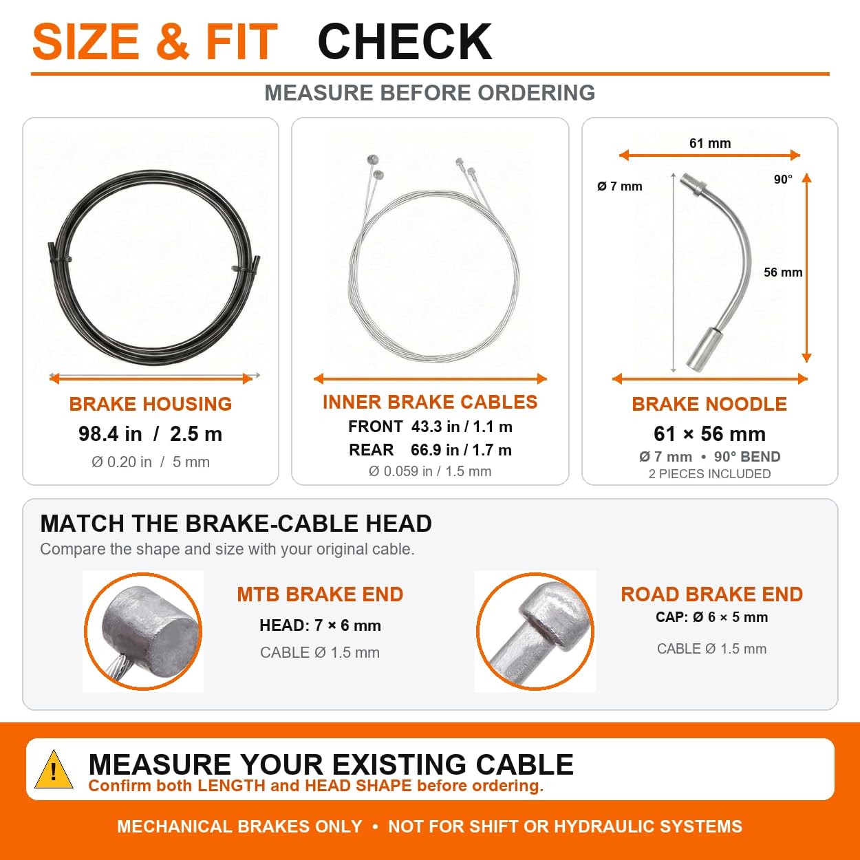 Bike Brake Cable Kit, Dual-Ended Bicy cle Cables with 2.5 0.06″W, black