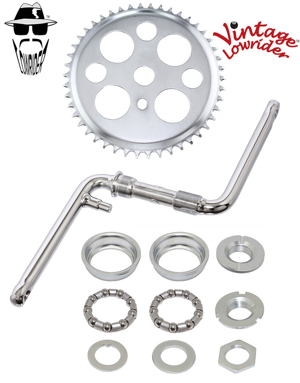 Vtg ORIGINAL LUCKY 7 BICYCLE 46T SPROCKET, 6 1/2″ CRANK , BOTTOM BRACKET CHROME