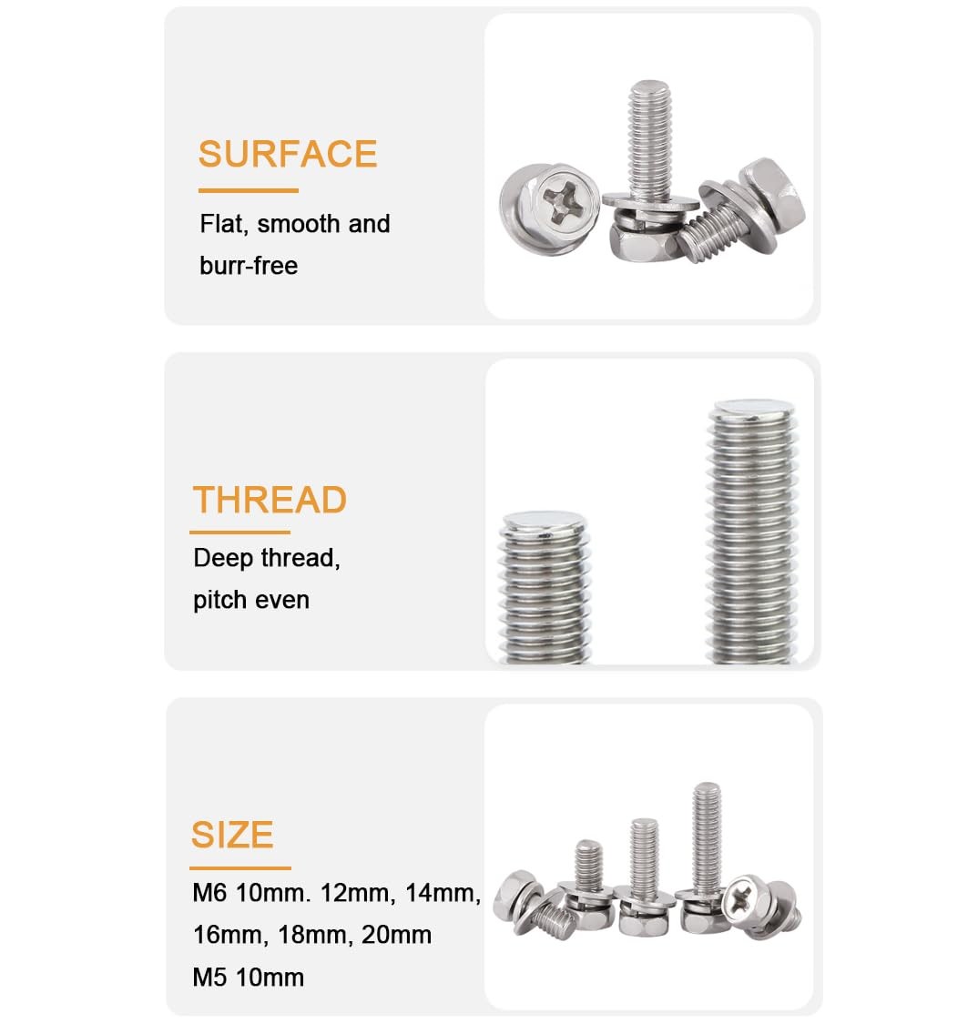 binifiMux Battery Bolts and Nuts, M6x10/12/14/16mm Assortment 20-Pack, Silver