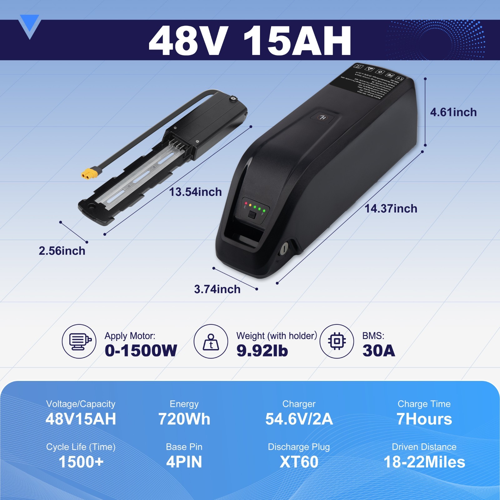 48V/36V 10Ah/15Ah ebike battery Li-ion for electric bicycle 0-1500W Motors, 4PIN