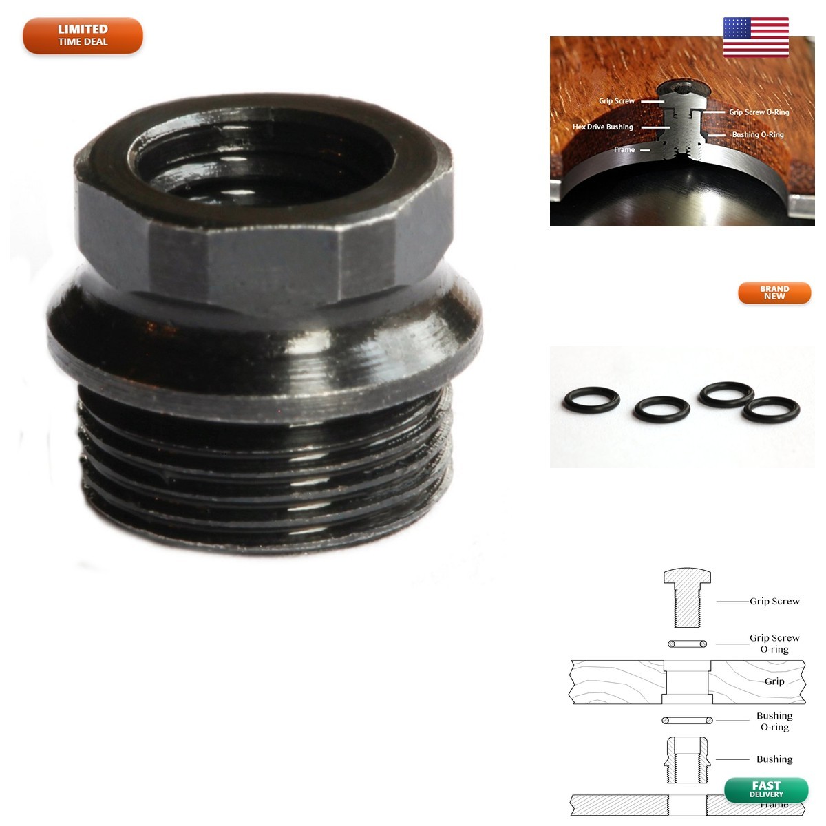 Challis Grips 4 ea Black 1911 Slim Grip BUSHINGS O Rings for Colt and Clones