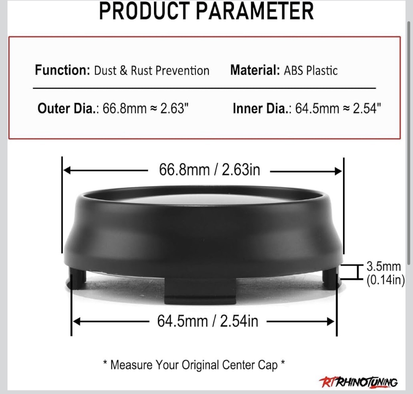 4PCS 66.8mm Wheel Center Caps for OD:66.8mm/2.63″, ID:64.5mm/2.54″ Matte Black