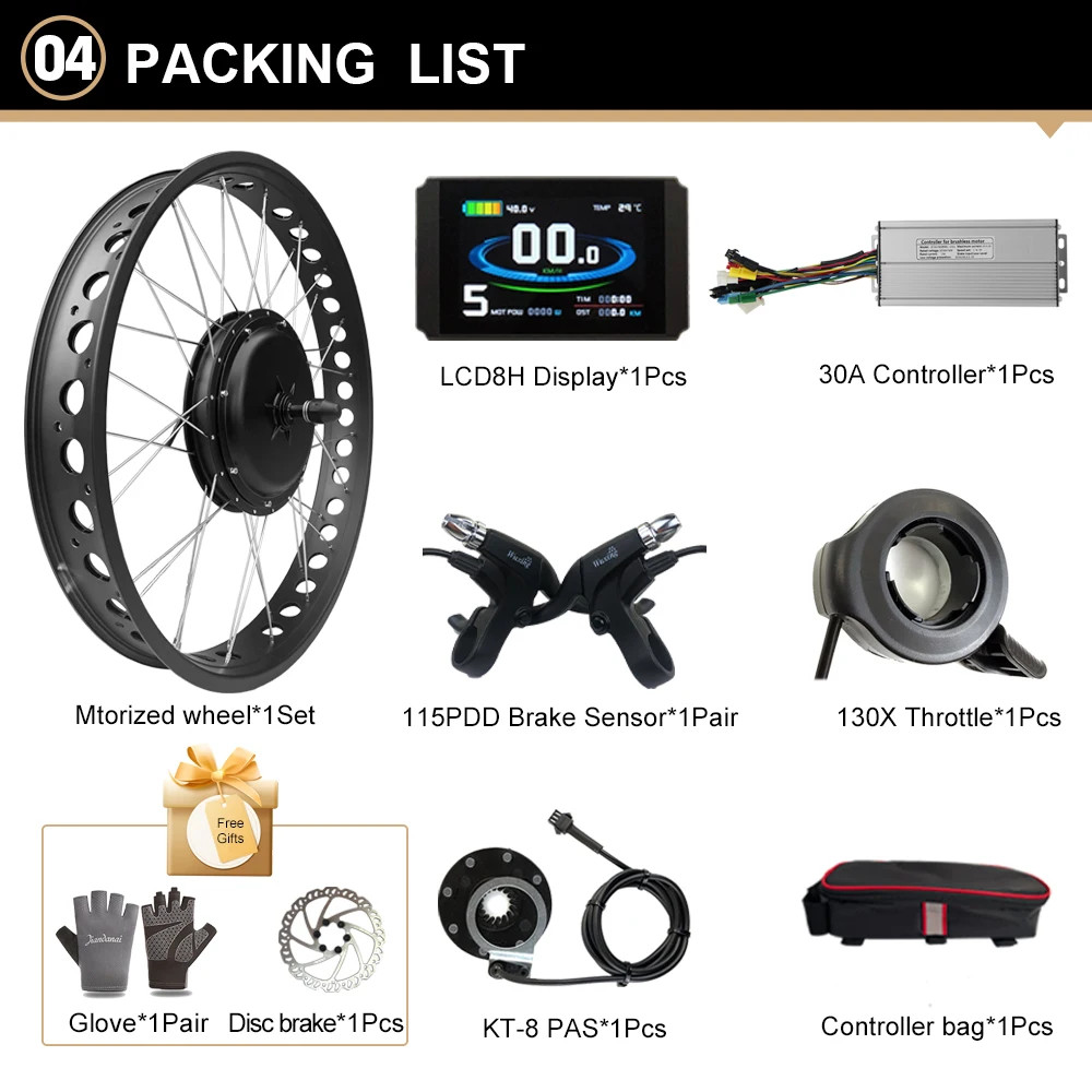 20/24/26inch 48V 1000W Snow E-bike Conversion Kit Gearless Front Wheel Motor