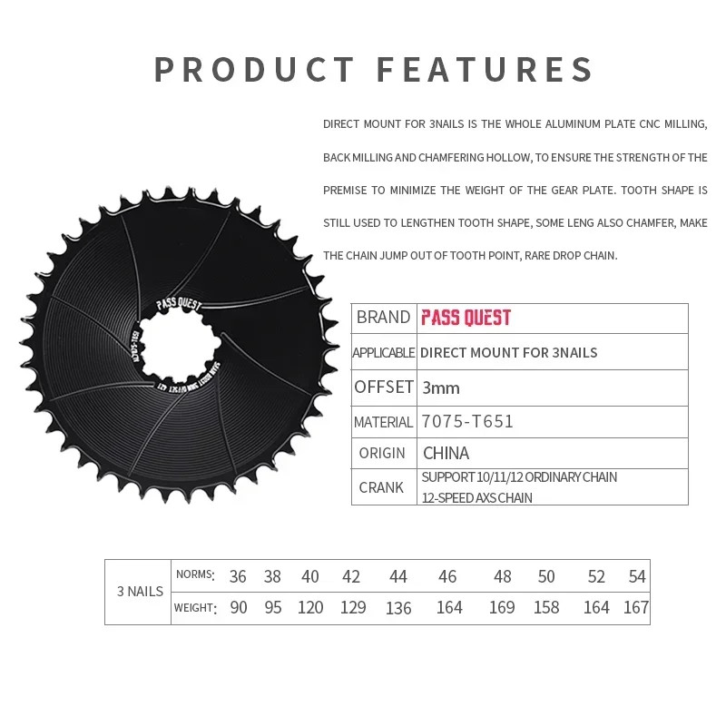 3mm Offest Narrow Wide Chainring for Direct Mount Crank Gravel Bike Chain 36-54T