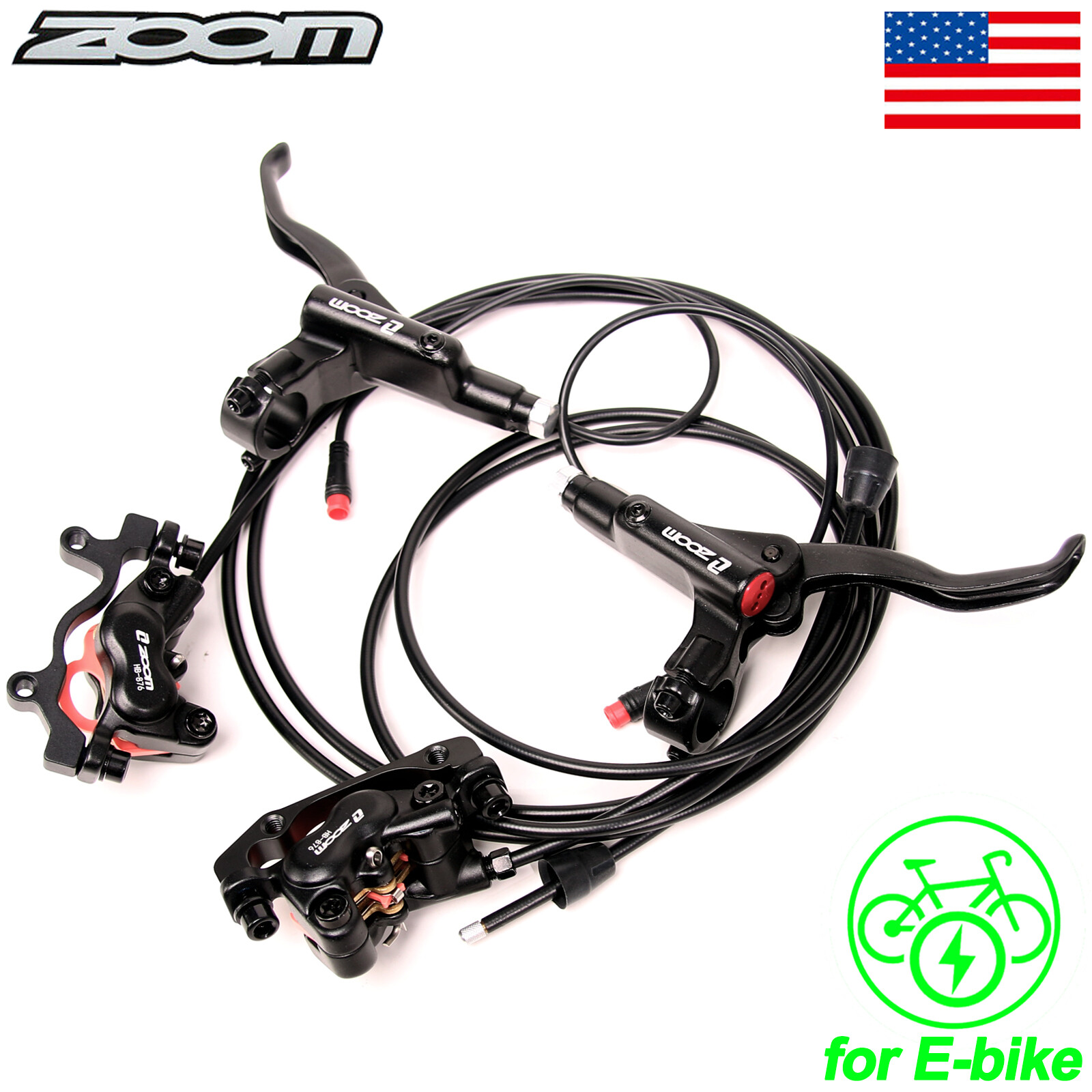 ZOOM HB-876E E-Bike Hydraulic Disc Brake 4-Piston Caliper w/Power-Off Levers Set