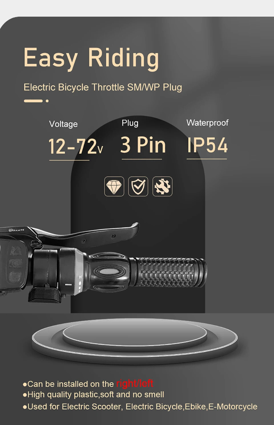 Electric Bike Thumb Throttle e-bike 3 Pin Waterproof/SM Plug Connector 24V-72V