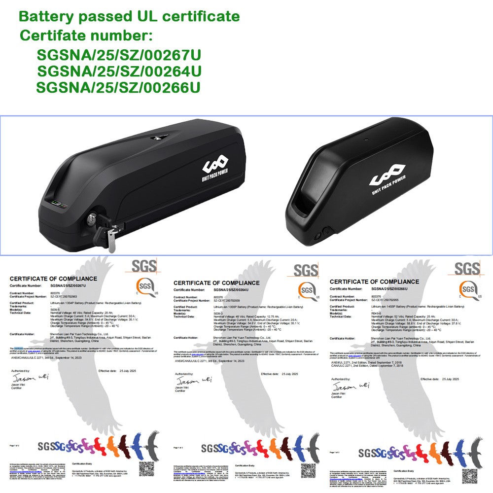 UPP ebike battery 52V 48V 36V Li-Ion Frame Bicycle Battery pass UL Certificate