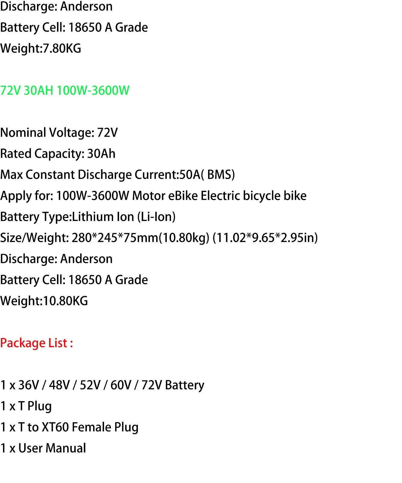 Ebike Battery 72V 60V 52V 48V 36V 8Ah 10Ah 14Ah 20Ah 30A 50W-3600W Electric Bike