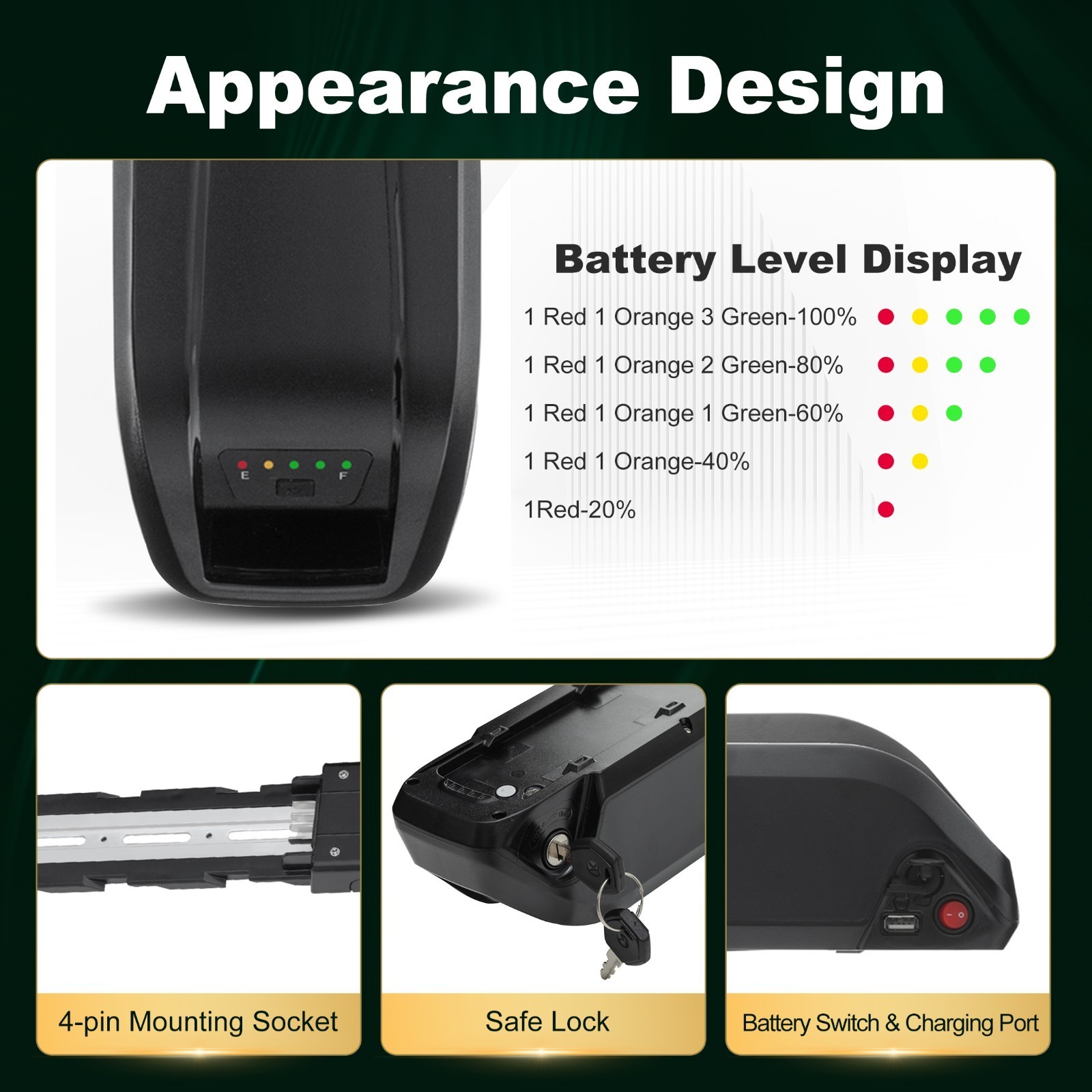 52V/48V/36V ebike battery lithium for electric bicycle 200W-2000W Motors, 4PIN