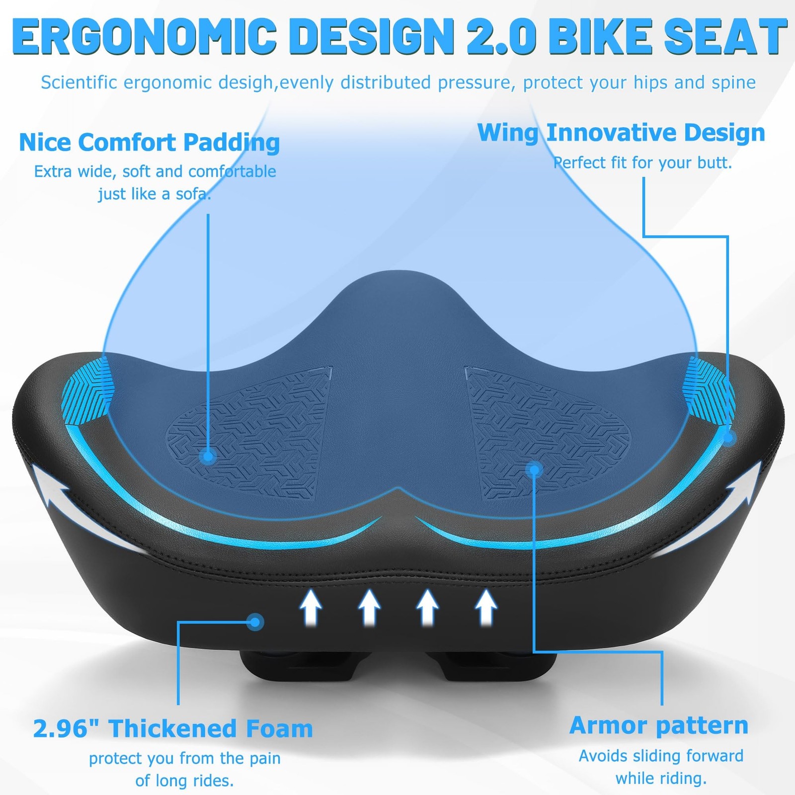 Noseless Oversized Bike Seat For Men Women Comfort Extra X-Large Blue Cushion