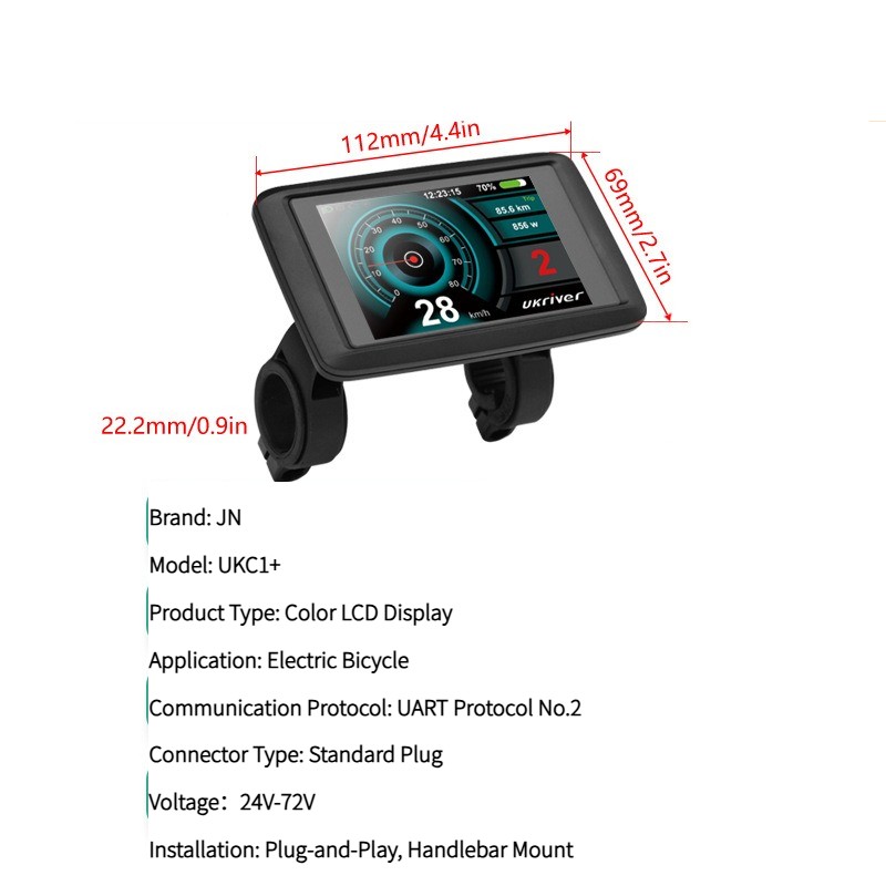UKC1+ E-Bike Color LCD Display 24V-72V Waterproof SM Plug Speed&Battery Display