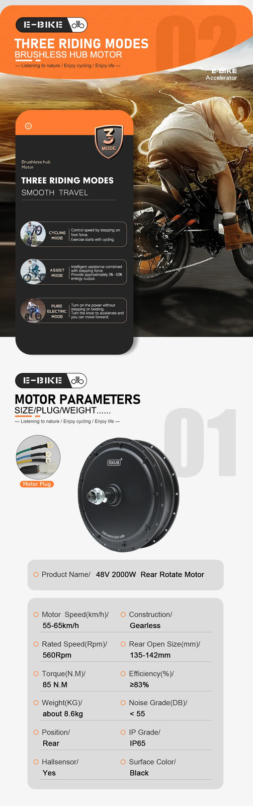 E-bike Motor 48V 2000W Rear Rotate Brushless Hub Motor Wheel Dropout 135mm