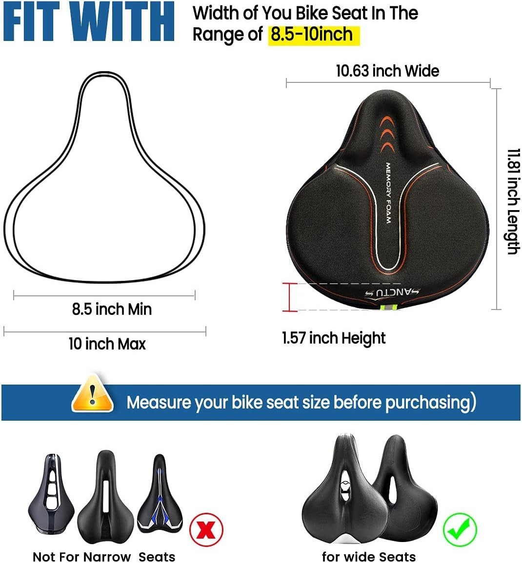 Bike Seat Cushion Cover Memory Foam Large Wide Waterproof Padded for Men Women