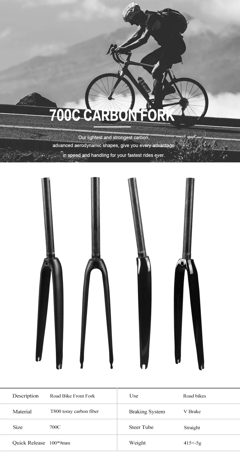 700C Carbon Road Bike Fork V Brake Quick Release 100*9mm Straight Rigid Frok