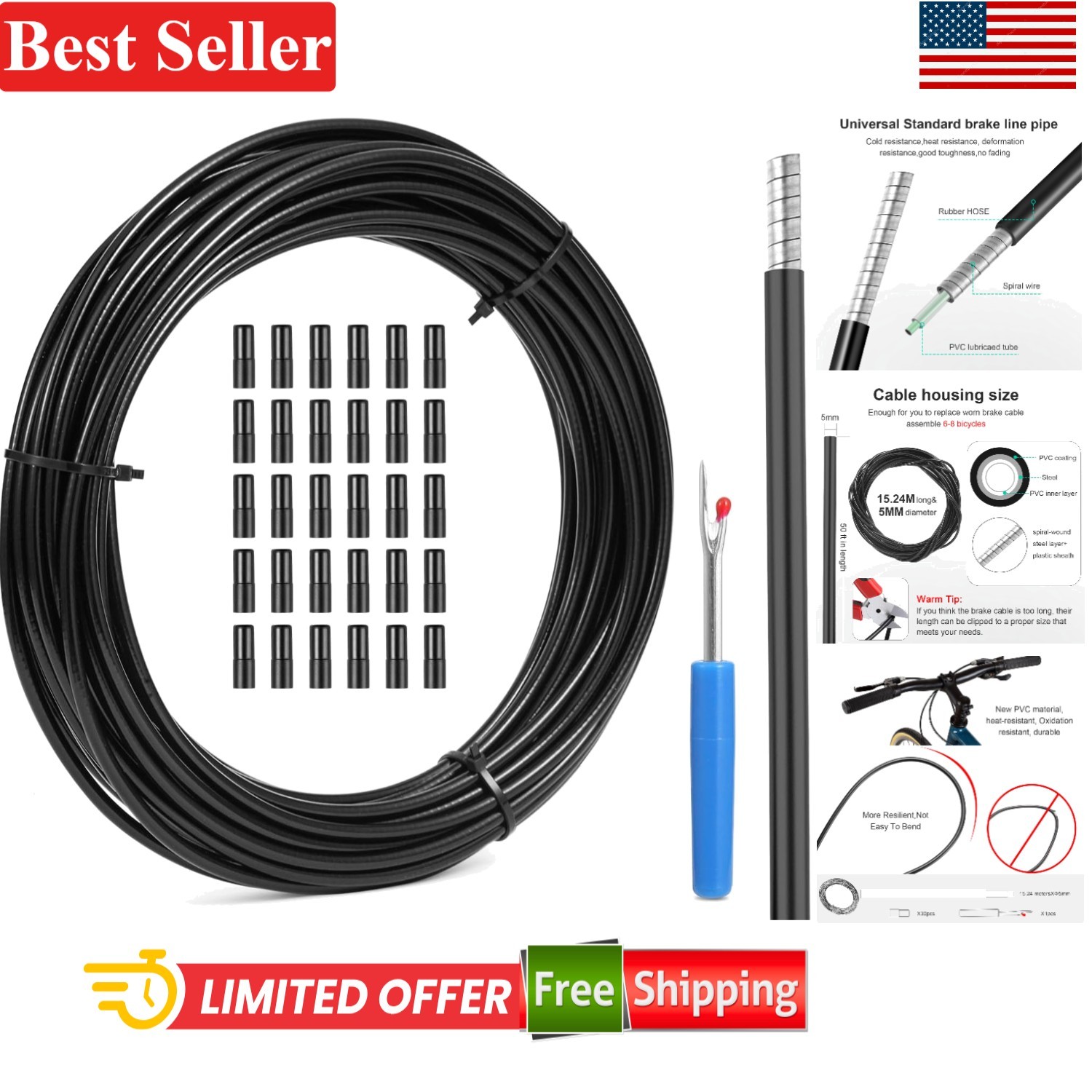 Complete 5mm Lined Brake Cable Housing – 50ft, 30Pcs Caps & Seam Ripper Included